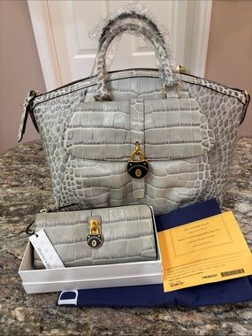 NWT Dooney & Bourke Light Gray Croc-Embossed Satchel with Matching Wallet